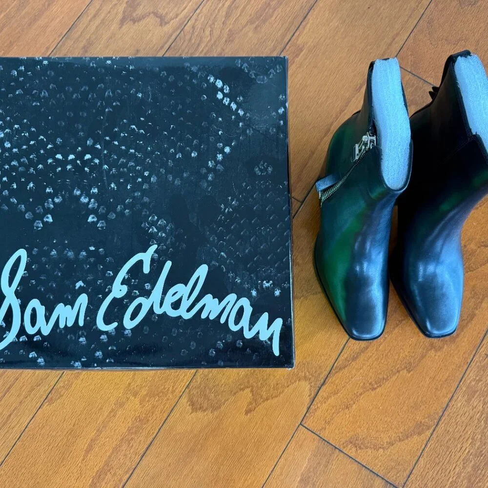 Sam Edelman Carlysle Black Leather Block Heel Silver Zipper Ankle Boots BRANDNEW